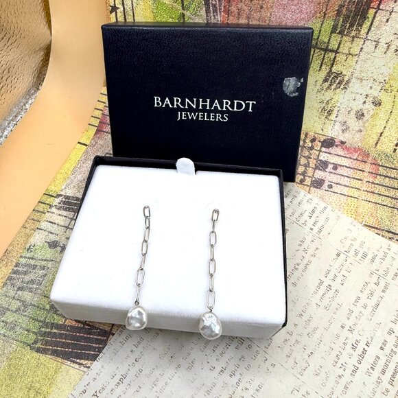 New Sterling Silver White Pearl Long Dangle Earrings in Jewelry Box Pierced - Picture 6 of 10